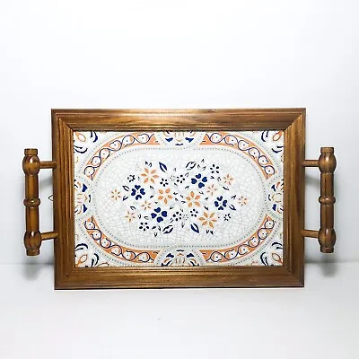 Vintage Mid Century Modern MOSAIC TILE Floral DAISY Serving TRAY Wood Base • $25.99