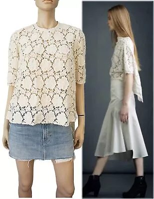 MORGANE LE FAY Sz M Puff Sleeve High Low Cream Floral Lace Blouse BRAND NEW • $298