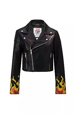 ED HARDY  WOMENS FLAMING HEART LEATHER JACKET - L (Limited Edition) • £79.99