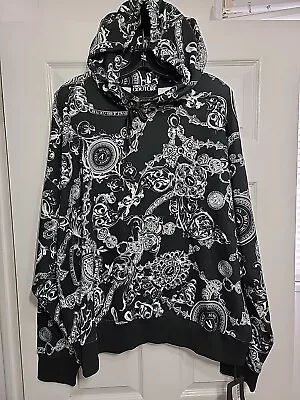 NWT Versace Jeans Couture Mens Monochrome Baroque AOP Blk Hooded Sweatshirt Sz L • $199.99