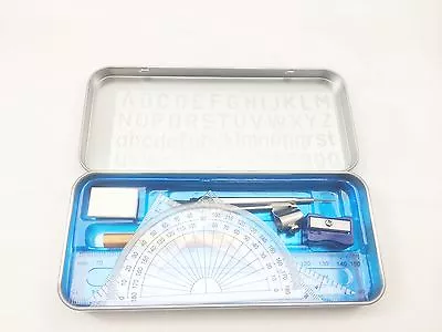 10pcs Maths Geometry Compass Set School Ruler Protector Square Tin Case Stencil • £2.99