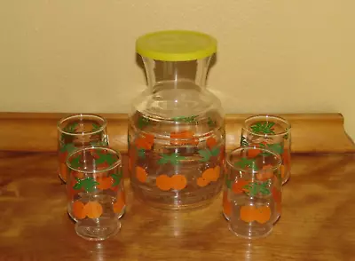 ANCHOR HOCKING Vintage Set Orange Juice Carafe Pitcher With Lid And 4 Glasses • $26.99