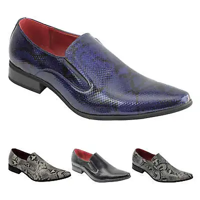 Mens Leather Lined Smart Slip On Loafers Shoes Snake Skin Print Shiny Patent • £34.99