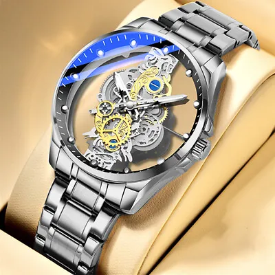 Luxury Skeleton Watch Men's Stainless Steel Hollow Mechanical Wrist Watches • £15.79