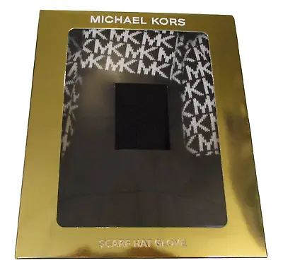 Genuine Michael Kors Black White 3 Piece Scarf Hat & Gloves Set New In Gift Box • $49.90