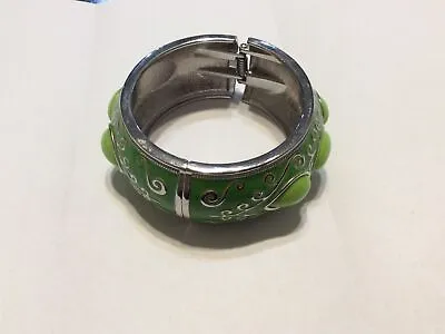 Vintage Bracelet 1.25” Wide W Hinged Bangle Silver Tone Spring Green Enamel • $14.95