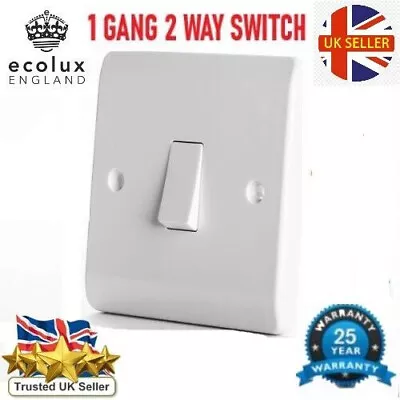 Light Switch 2 Way Single Gang 1 Gang 1G 10AX White Plastic With Fixing Screws • £2.69