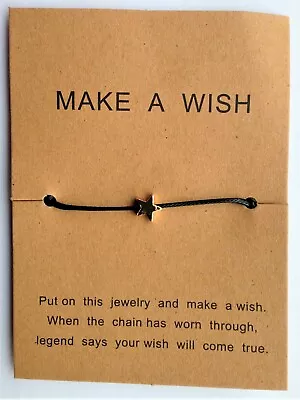 MAKE A WISH BRACELET - Golden Brass Star On Black Cord To Make A Wish Come True • £3.75