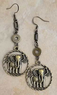 ELEPHANT Pewter Charm Earrings Bronze Plated Brass Hook Earwires Tribal Safari • $4.89