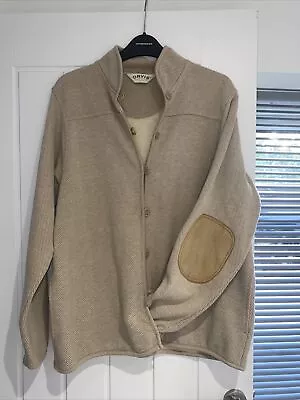 Orvis Fleece Cardigan M Men's Beige Tan Leather Elbow Patch Shooting Fishing • £28.99