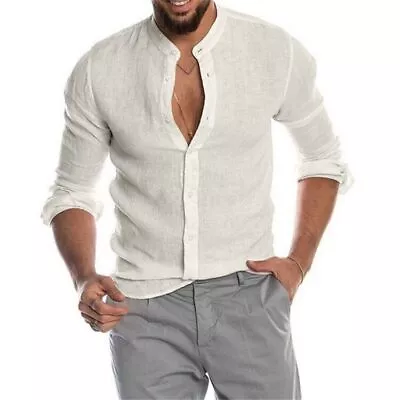 Men's Solid Color Linen Long Sleeve Shirt Cardigan Long Sleeve Men's Shirt • $14.33