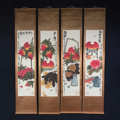Excellent Chinese Four Painting Scrolls Peach Flower By Qi Baishi 齐白石 福寿 四条屏 • $199