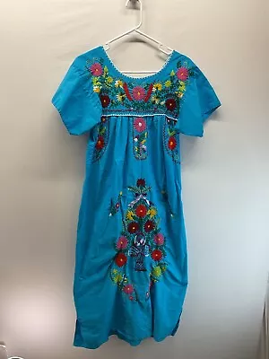 Mexican Blue Turquoise  Hand Made Ethnic Oaxacan Embroidered PATIO Dress MED. • $19.99