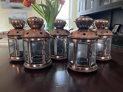 Lot Of 5 Copper Lanterns Metal Glass Hanging Tea Light Candle Stars Rotera IKEA • £32.81