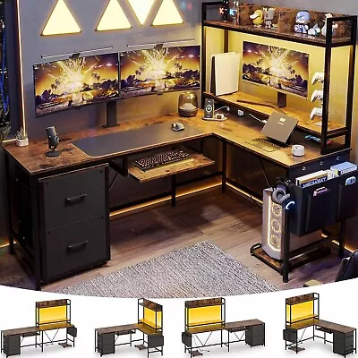 L Shaped Computer Desk With Power Outlet And Led Strip Home Office Desk (Brown) • $185.97