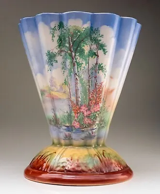 Falcon Wear Art Deco Ceramic Vase Conical Scalloped Hand Painted Woodland Scene • £85.97