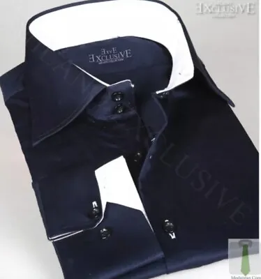 ITALIAN DESIGNER Navy Blue SLIM FIT SHIRT With White COLLAR • £15.99