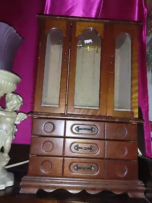 Wooden Double Door Armoire Style Jewelry Box Vintage MCM Dark Wood  • $49.99