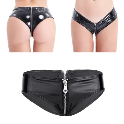 Women PVC Leather Metallic Panty Zipper Crotch Bikini Briefs Underwear Lingerie • £7.17