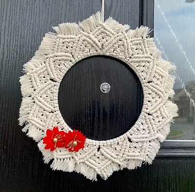 Large Handmade Macrame Wreath Door Christmas (35 Cm) With Red Christmas Flower • £15.99