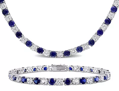 47 Carat (ctw) Created Blue & White Sapphire Bracelet Necklace Set Silver • $224.66