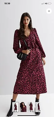 £0.99 • Buy New Look Pink Leopard Print V Neck Ruffle Long Sleeve Midi Dress 14