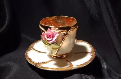 Limoges Demitasse Dolls Tea Cup & Saucer Mini 3D Rose Gold Guild Decorative RARE • $34