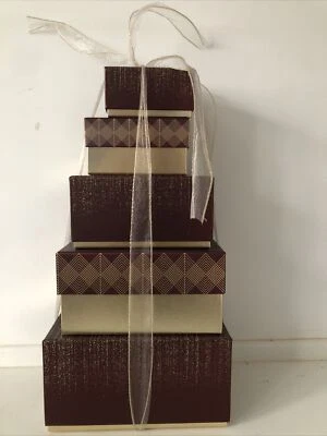 £5 • Buy Stackable Of 5 Brown And Gold Gift Boxes With Ribbon Tie