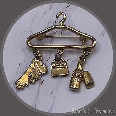 Vintage Clothes Hanger Gloves Purse Lipstick Charms Brooch Pin Gold Tone • $8