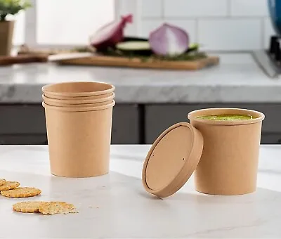 D MART Kraft Brown Soup Cups & Lids Takeaway Ice Cream Containers Disposable Pot • £113.50