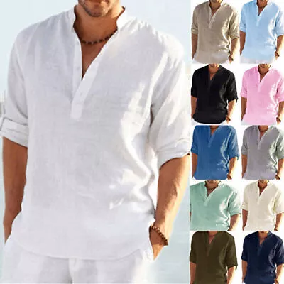 Men Cotton Linen Henley Shirts Tops Button Down Casual Loose Grandad Blouse Plus • £10.29