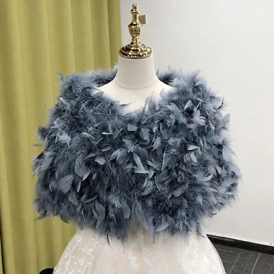 Real Ostrich Feather Fur Cape Shrug Bride Wedding Dinner Shawl Fluffy Gray Blue • $36