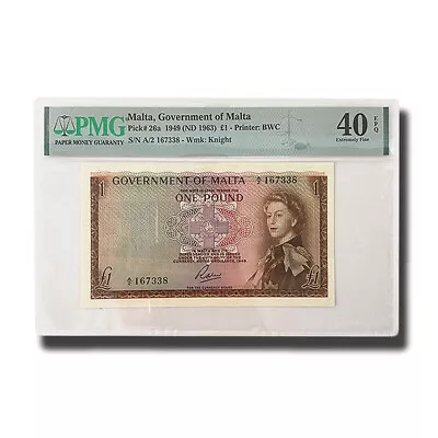 PMG 40 Extremely Fine Malta Banknote PICK 26a 1949 1 Pound A/2 167338 • $240