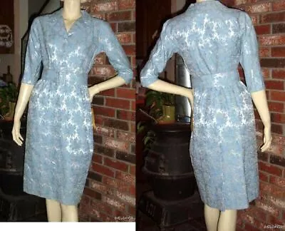 Vintage 60s NEW XS S Damask Blue Shirtwaist Wiggle Dress Side Zipper Wide Belt • $19.99