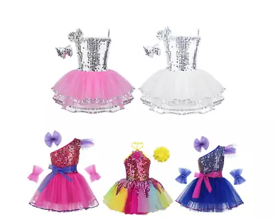 Kids Girls Sequins Ballet Jazz Dance Dress Leotard Dancewear Tutu Skirts Costume • £8.81