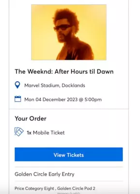 1x Early Entry Golden Circle: The Weeknd Mon 4th Dec: Marvel Stadium • $529
