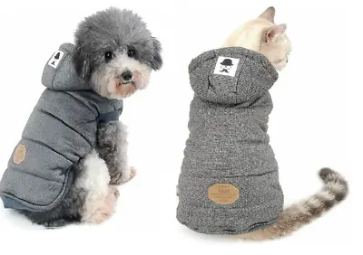 Hooded Dog Coat Small Puppy Dog Winter Fleece Coat Cold Weather GREY M- LARGE UK • £5.99