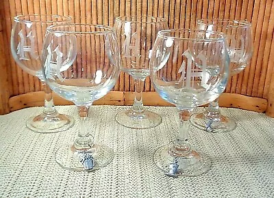 Set Of 5 Balloon Style Wine Goblets / Etched Monogram H / 5 1/2  • $20