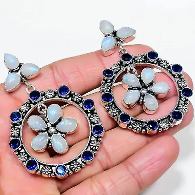 Rainbow MoonstoneSapphire Gemstone Ethnic Sterling Silver Jewelry Earring 2.5  • $79.99