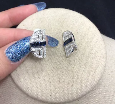 Silver Tone Costume Blue Glass & Cz Stone Fashion Clip Earrings MM297 • $5.99
