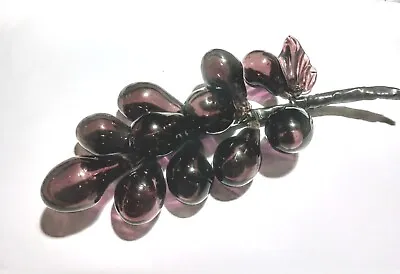 MCM (Murano?) Amethyst Hand Blown Art Glass Wired Grape Cluster With 1 Leaf 9  • $18