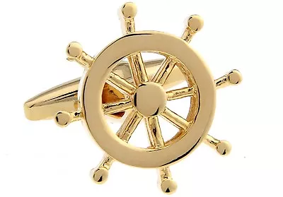 Ship Wheel Pair Cufflinks Gold Yacht Wedding Fancy Gift Box & Polishing Cloth • $16.99