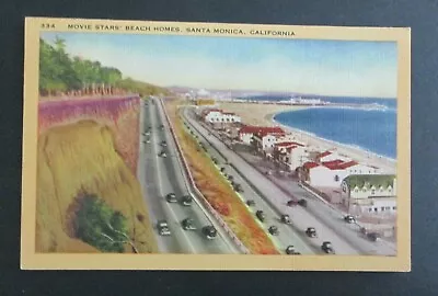 Movie Stars Beach Homes Santa Monica CA Unposted Linen Postcard  • $2