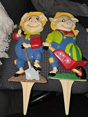 Vintage Farmer Pig Garden Stake Plastic Lot Of 2 1980s Lawn Yard Decoration • $14.99