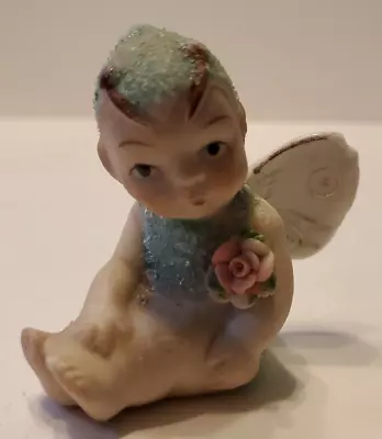 Vintage Ceramic Sugared Pixie Butterfly Baby Figurine 3” Green Made In Japan • $18.99