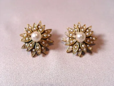 Vintage HAR Rhinestone & Faux Pearl Flower Starburst Earrings • $12.99