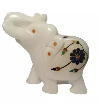 Elephant Statue Figurine Trunk Up Real White Marble Stones Mosaic Decor 2.5  • $12.99