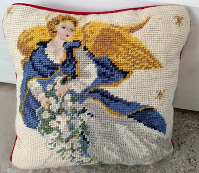 $12 • Buy Vintage Needlepoint  ANGEL W/FLOWERS Zippered Decorator Christmas Pillow 9  X 9”