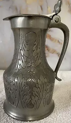 £150 • Buy Antique Ornate Flemish Pewter Flagon A R & Co Rose Crown Angel Saint Michael Jug