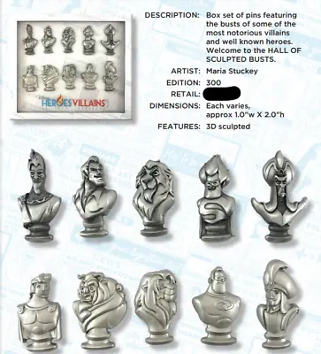 Disney Heroes Villains Event Sculpted Bust Complete 10 Pin Set LE 300 • $349.95